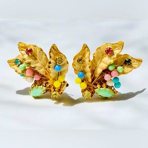 Vintage Austria Gold Leaf Earrings with Gemstone Accents